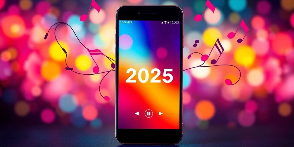 Smartphone with music notes and MP3 downloader app.