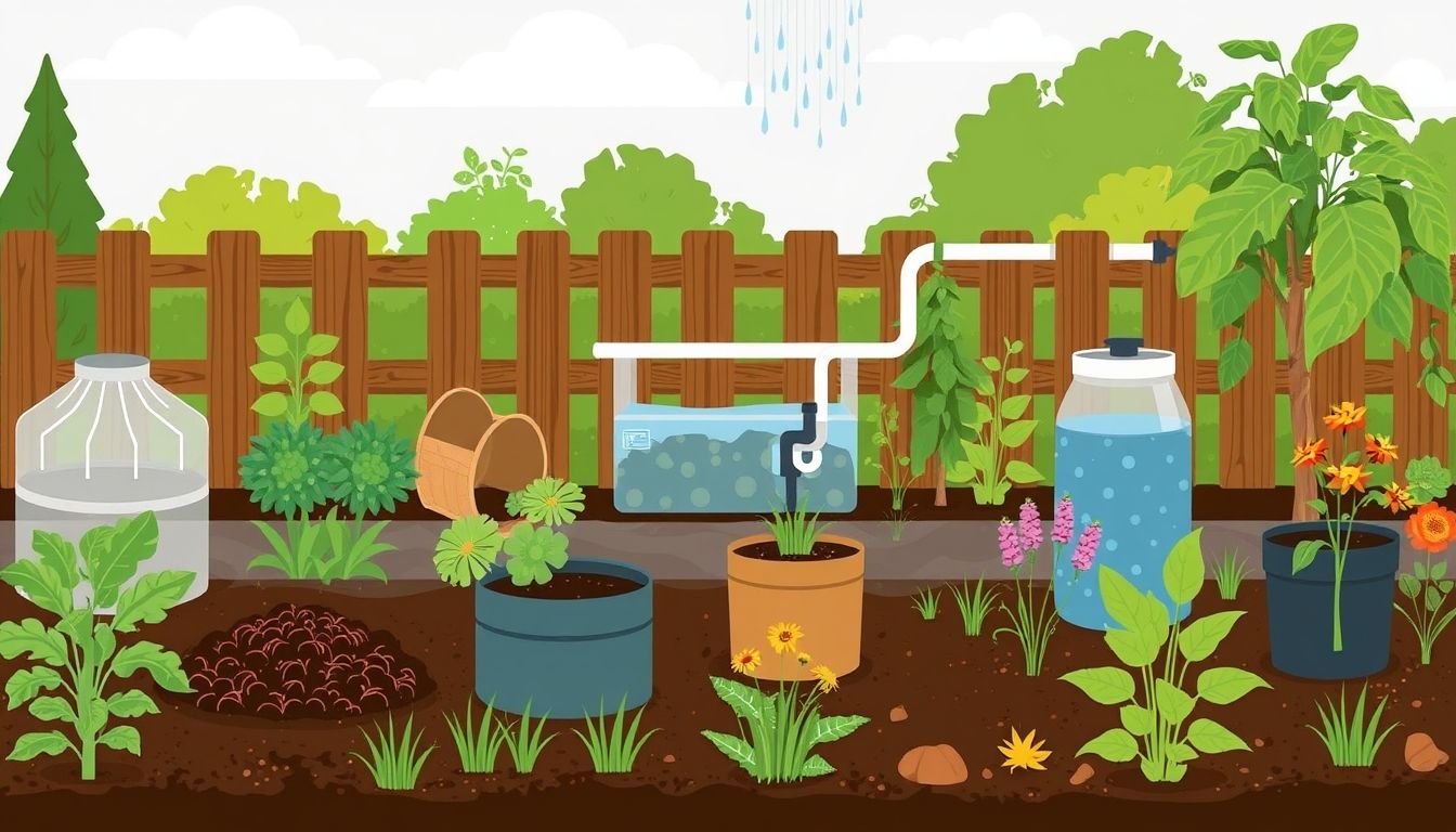 Illustrative garden with composting and rainwater harvesting.