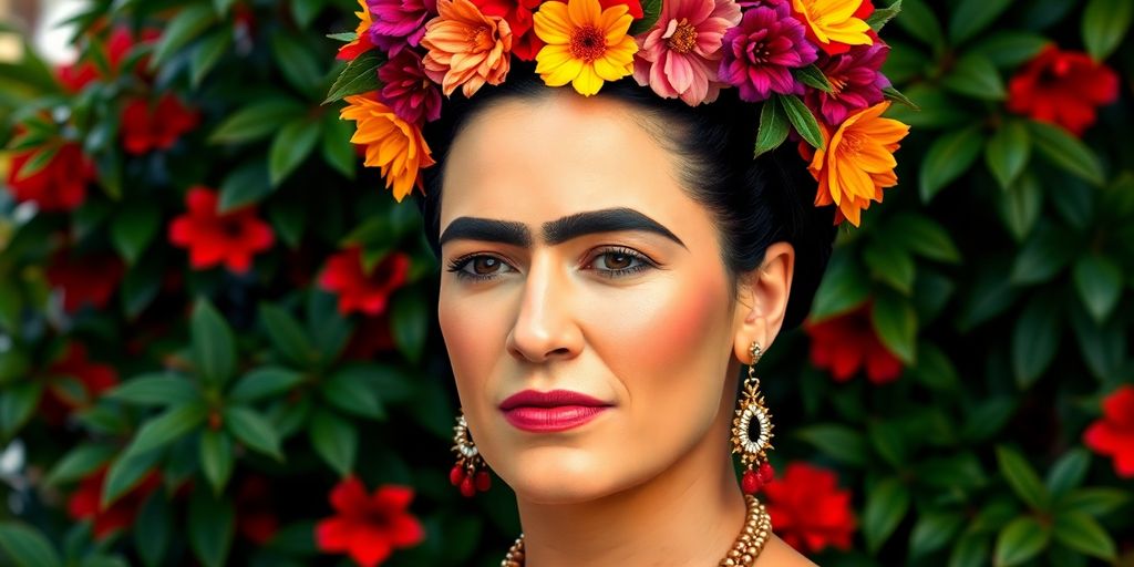 Frida Kahlo portrait with floral crown and colorful attire.
