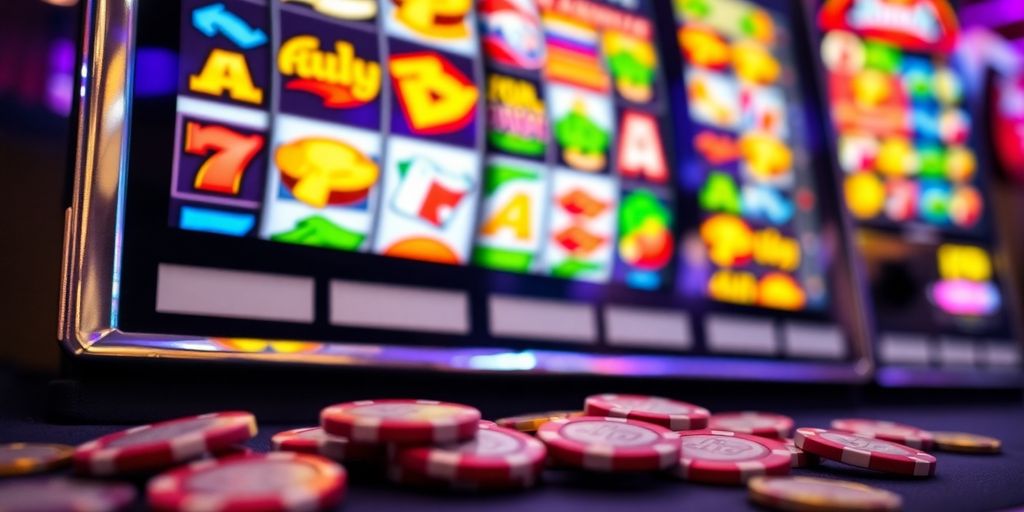 Brightly lit slot machines in a casino.