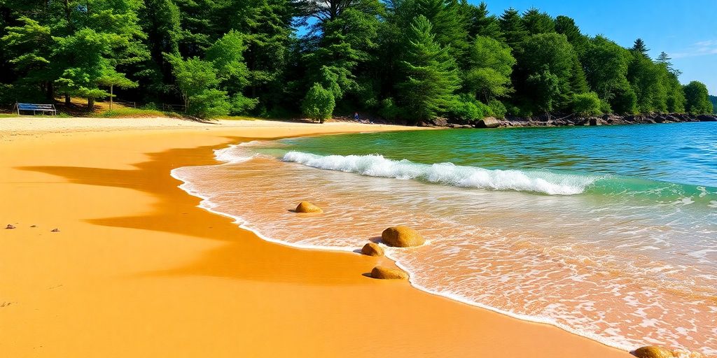 Golden sands, gentle waves, and colorful rocks at Beaver Bay Beach.