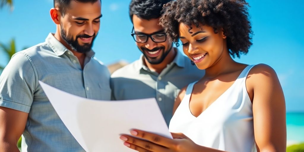 Couple reviewing a Thai property contract documents.