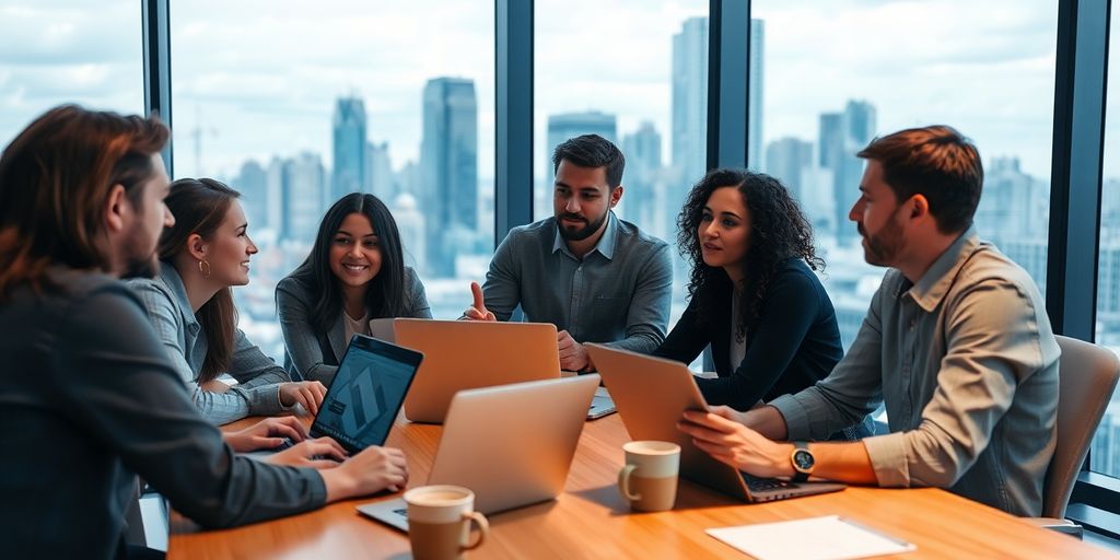 Startup team collaborating in a modern office setting.