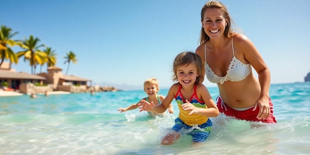 Happy family enjoys sunny beach day in Los Cabos.