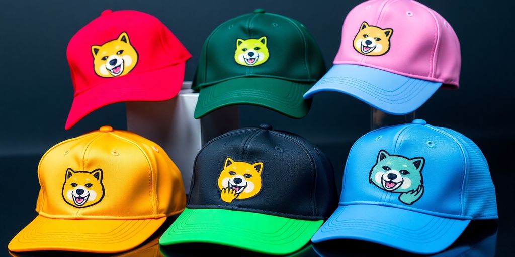 Colorful Dogecoin-themed hats for stylish crypto enthusiasts.