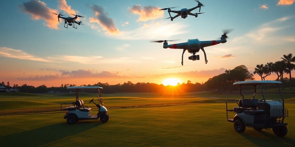 A modern golf course with drones and electric carts.