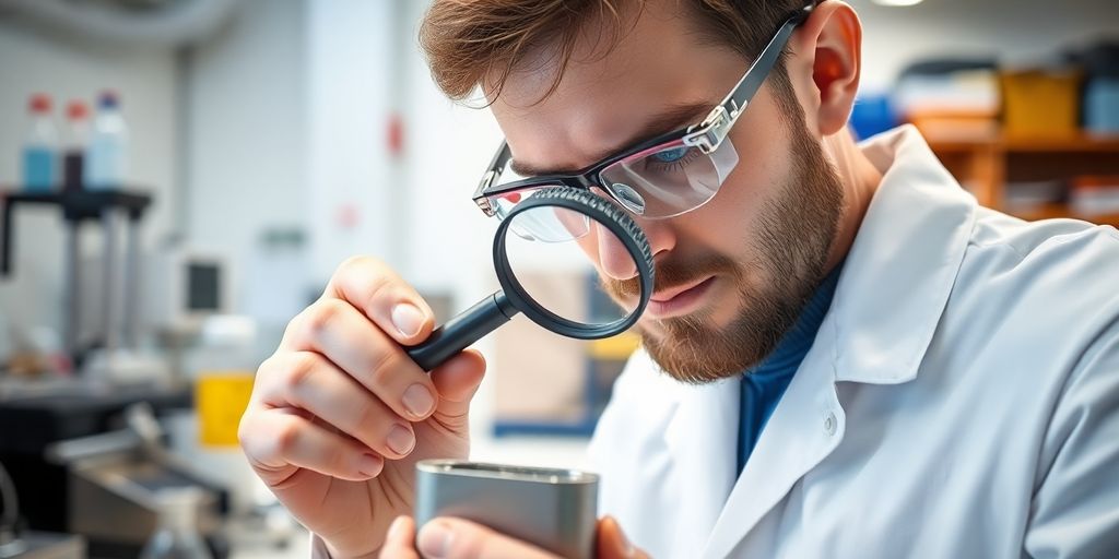 Engineer examining a metal component closely