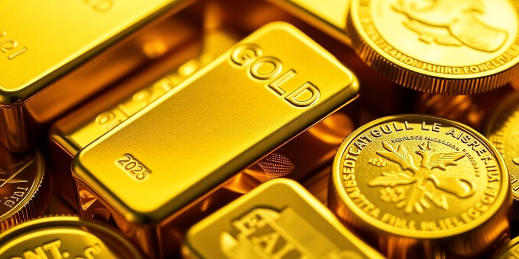 Gros plan sur des lingots et pièces d'or.