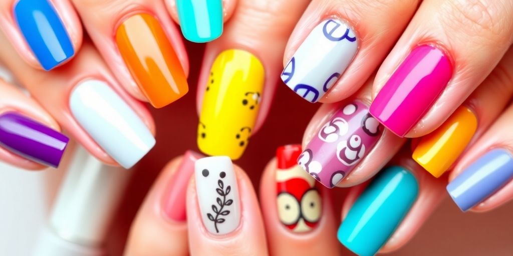 Unhas decoradas com várias cores e padrões.