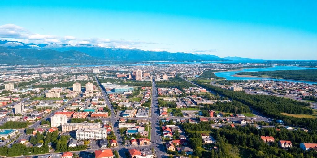 Aerial view of vibrant Anchorage with mountains and greenery.
