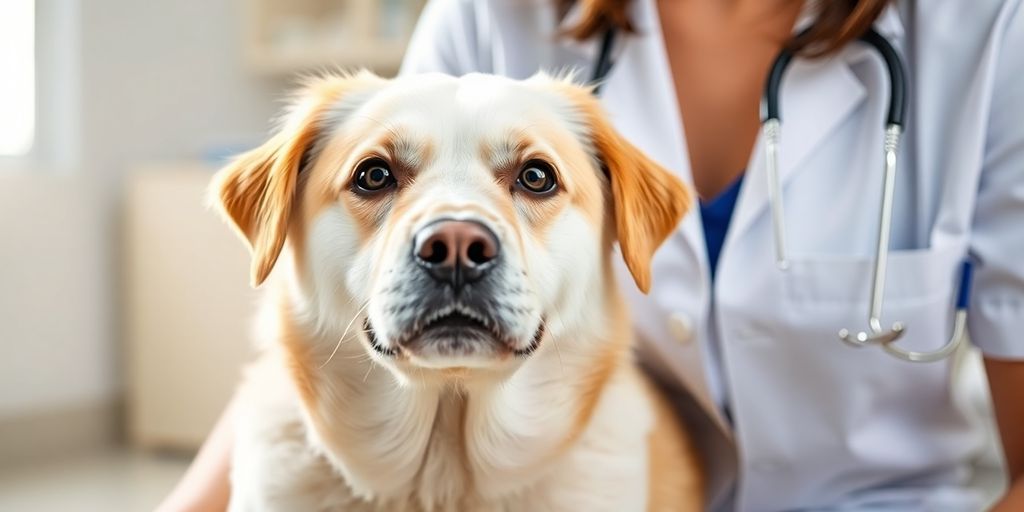 Calm dog with veterinarian in a soothing environment.