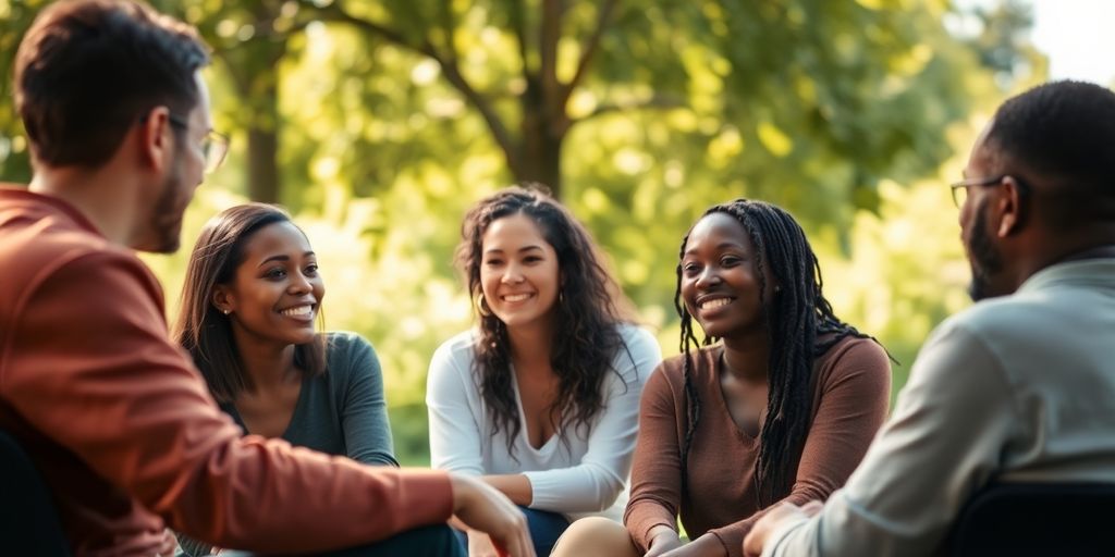 People engaged in group therapy outdoors.
