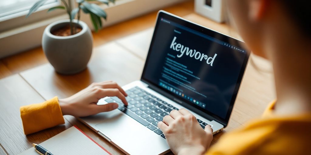 Person researching keywords on a laptop with notepad.