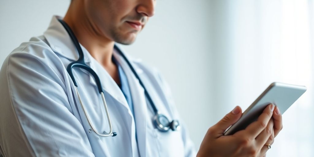Healthcare professional with digital tablet in contemplation.
