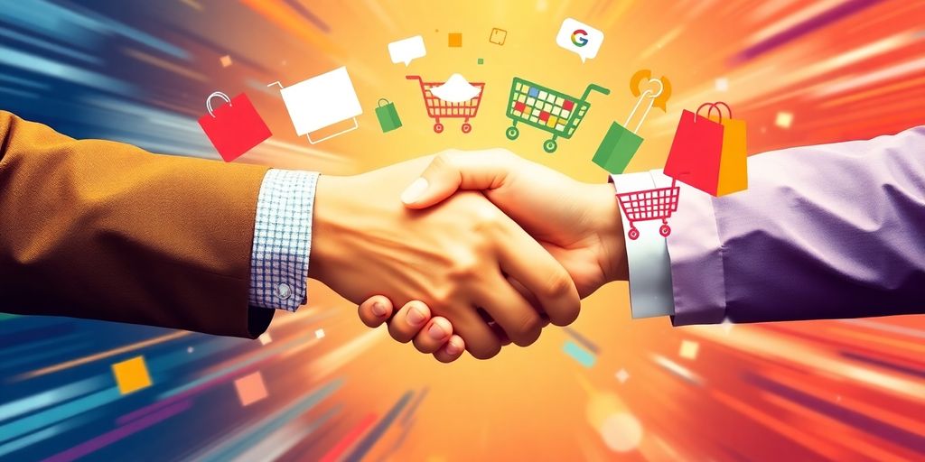 Hands shaking with shopping symbols like carts and bags.