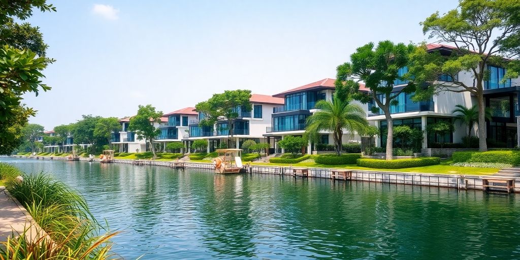 Modern waterfront homes, lush trees, and calm water