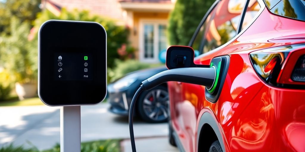 Electric vehicle charger with car in a green setting.