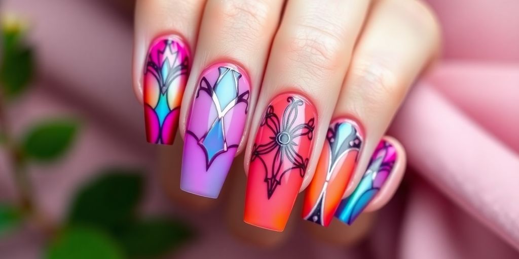 Unhas de gel coloridas e bem cuidadas.