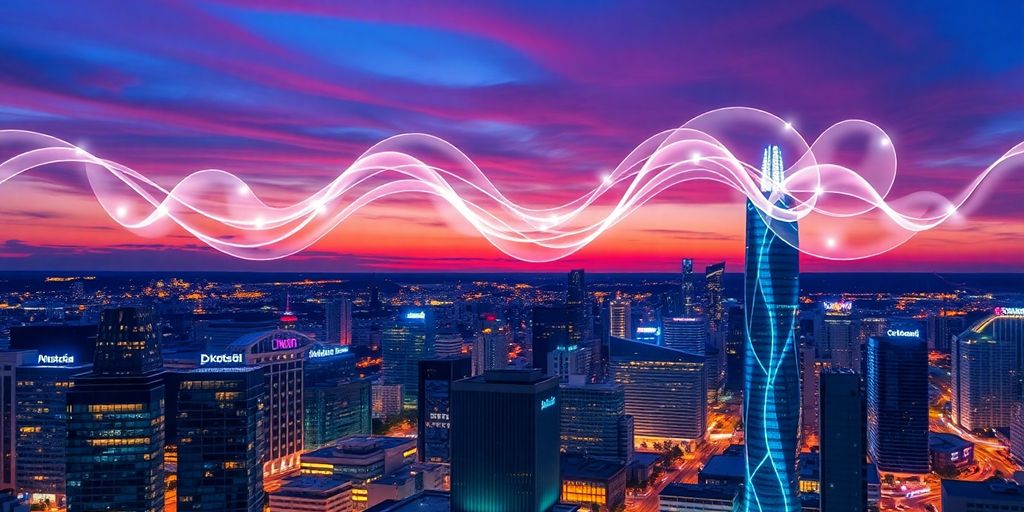 Australian cityscape with digital cloud overlays.