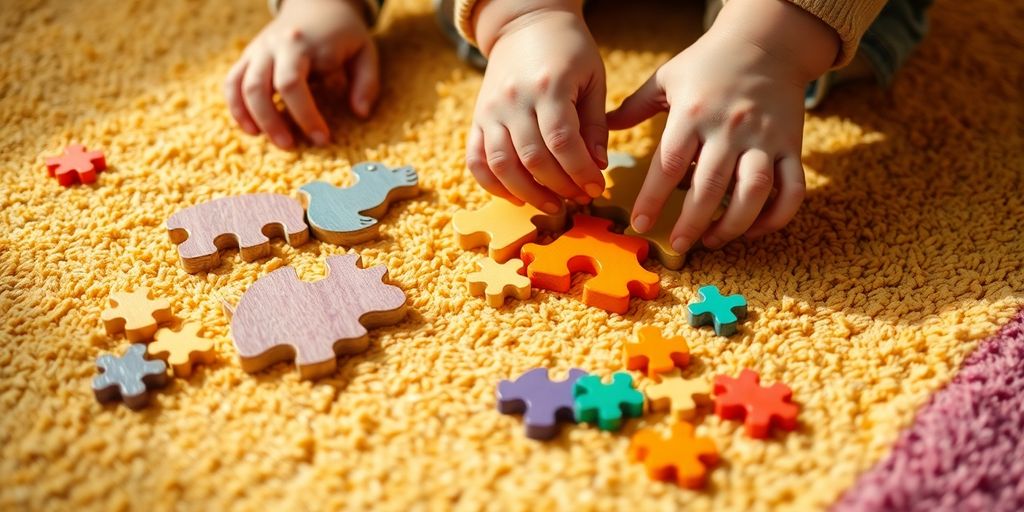 Colorful puzzle pieces scattered near child's hands.