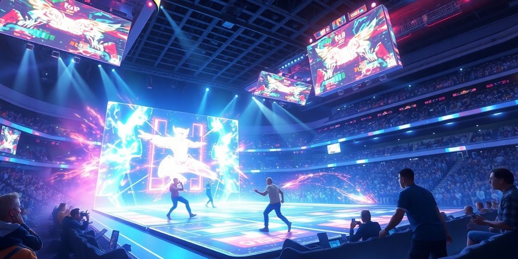 Futuristic arena, glowing holographic esports game, intense competition.