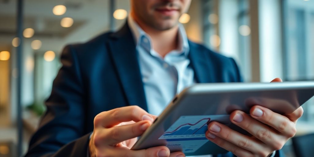 Business professional analyzing data on a digital tablet.