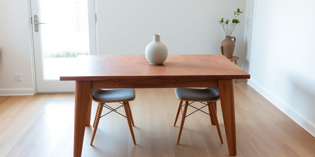 Acacia wood dining table with two chairs in bright room