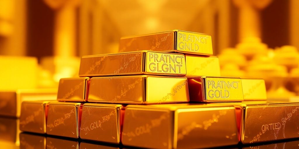 Lingots d'or brillants empilés dans un cadre luxueux.
