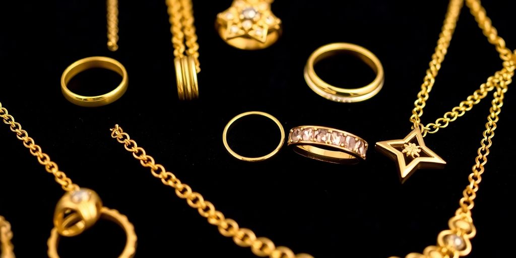 Bijoux en or sur un fond en velours sombre.