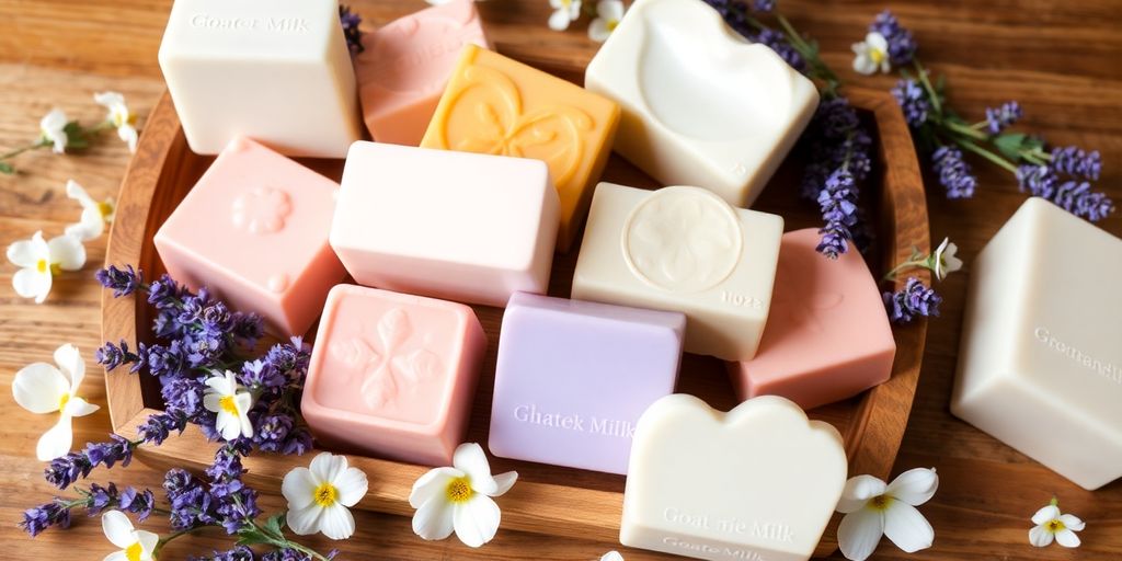 Assorted goat milk soaps with flowers for Mother's Day.