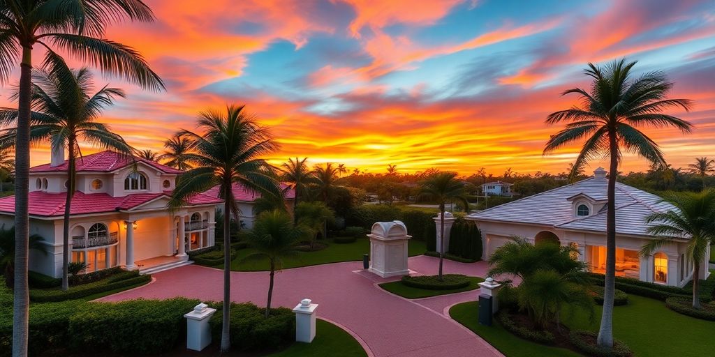 Luxurious homes in a Palm Beach gated community at sunset.