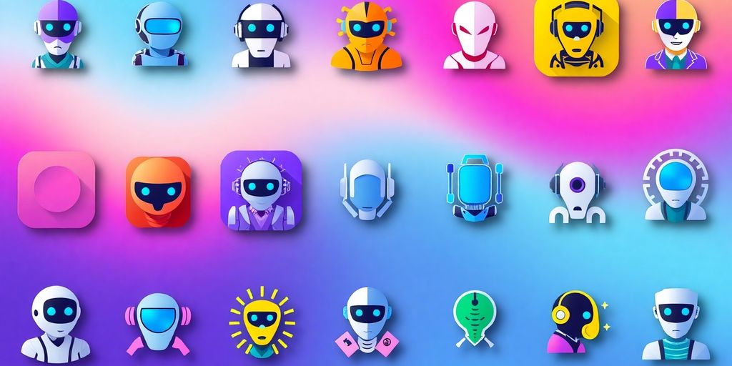 Colorful AI agent icons in various modern styles.