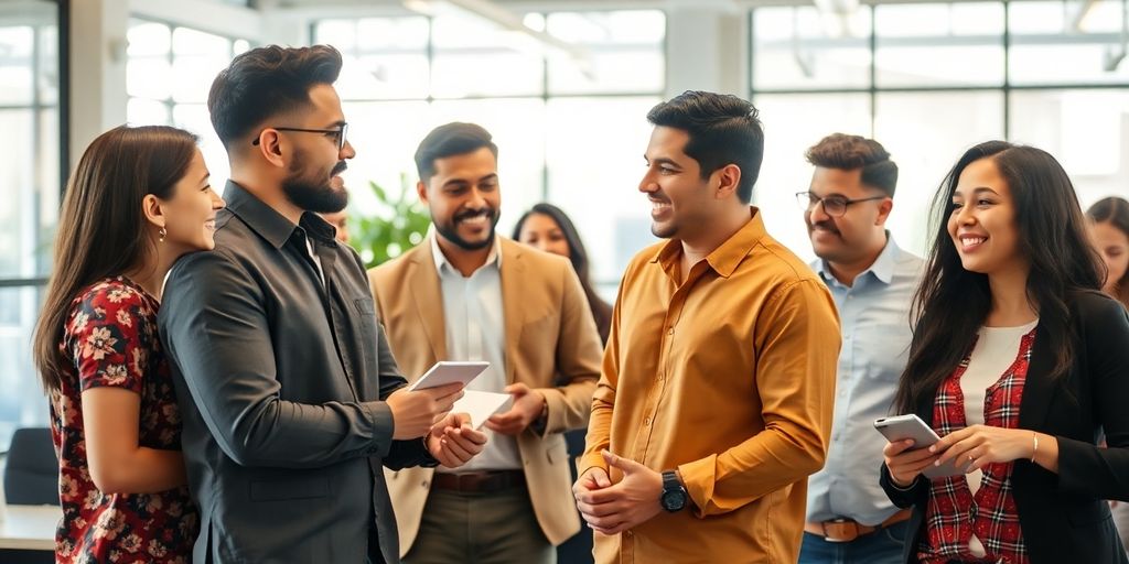 Emprendedores latinos colaborando en un espacio moderno.