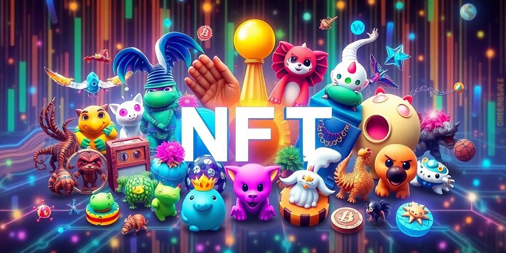 Colorful NFT collectibles on a blockchain background.