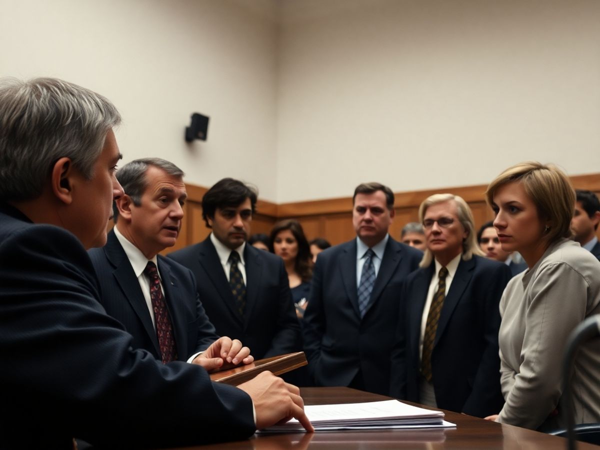 Scenă de tribunal cu judecător și părți implicate.