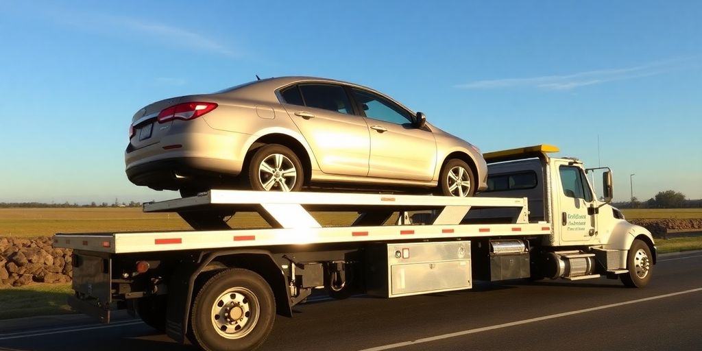 Flatbed tow truck with a vehicle loaded safely on board.