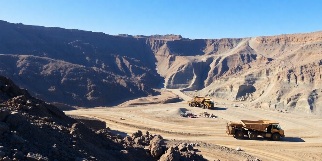 Camions miniers et excavatrices dans une mine à ciel ouvert.