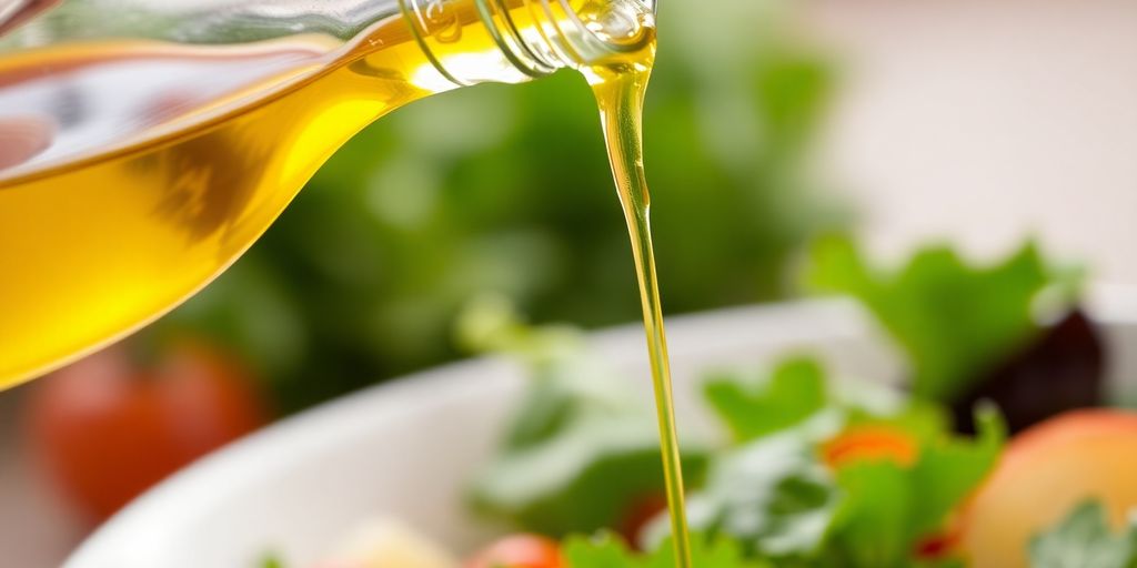 Bottle of olive oil drizzling into a bowl of salad.