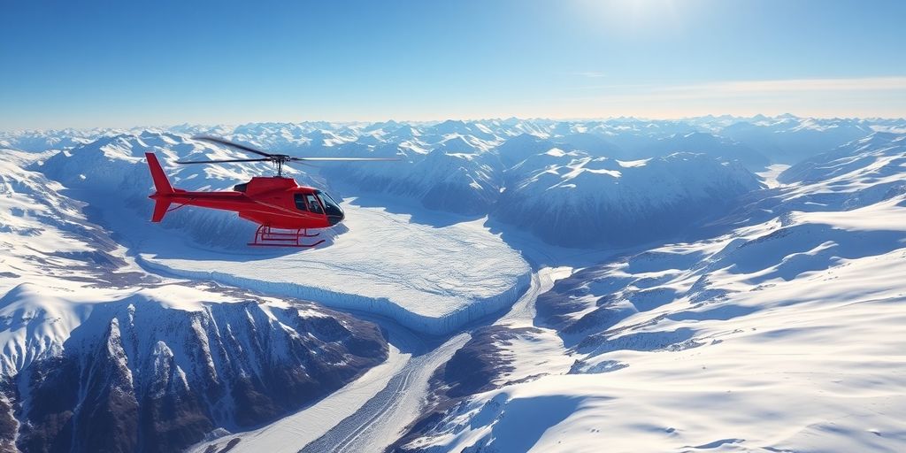 A helicopter flies above a vast Alaskan glacier and mountains.