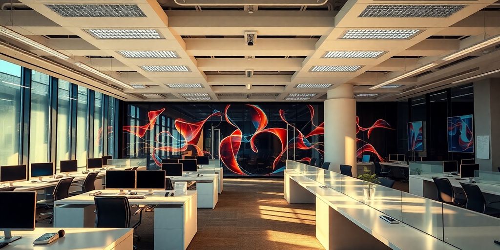 Modern tech office with abstract light patterns.