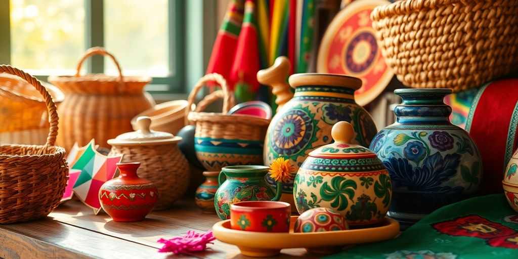 Colorful Mexican souvenirs on display at a market stall.