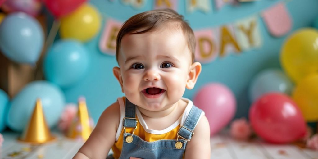 Baby in a cute birthday outfit with balloons.