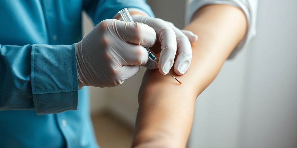 A phlebotomist draws blood from a patient's arm.