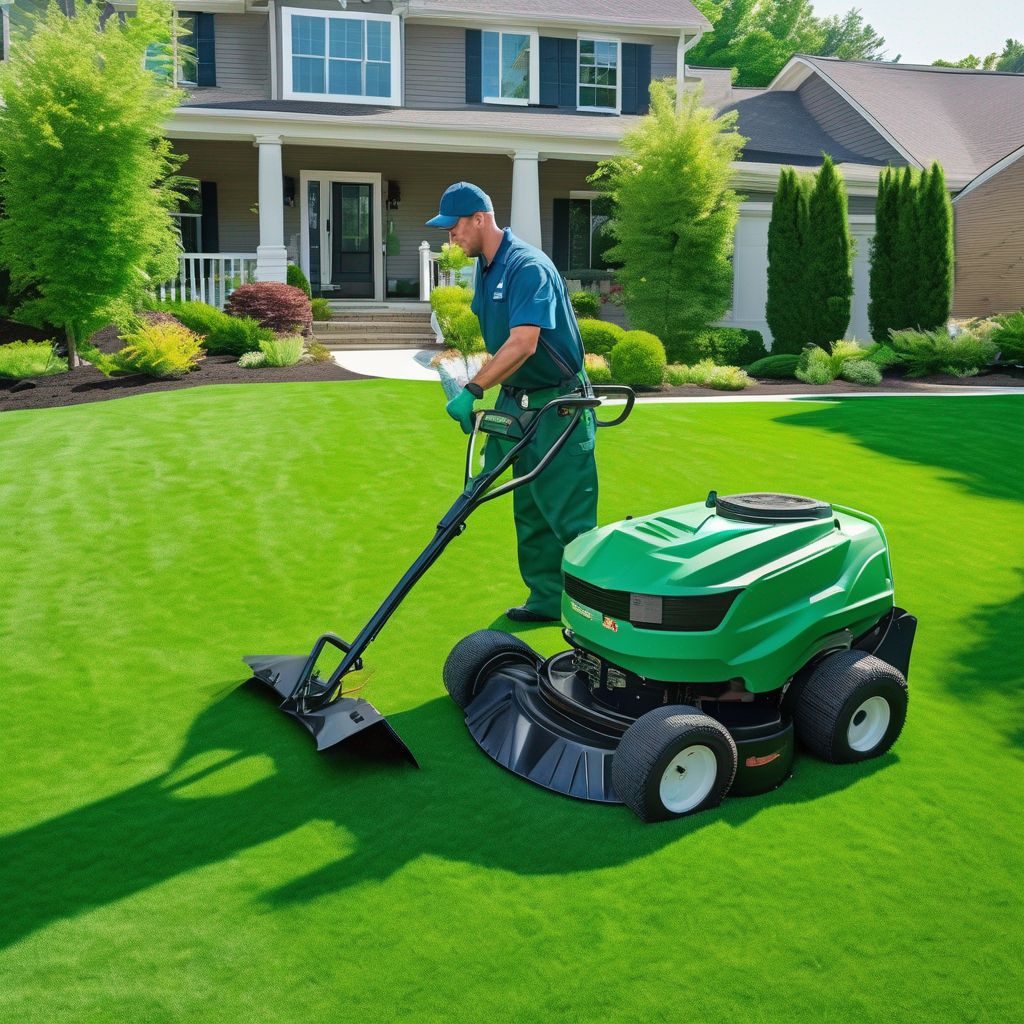 professional lawn care service team trimming and maintaining healthy green grass