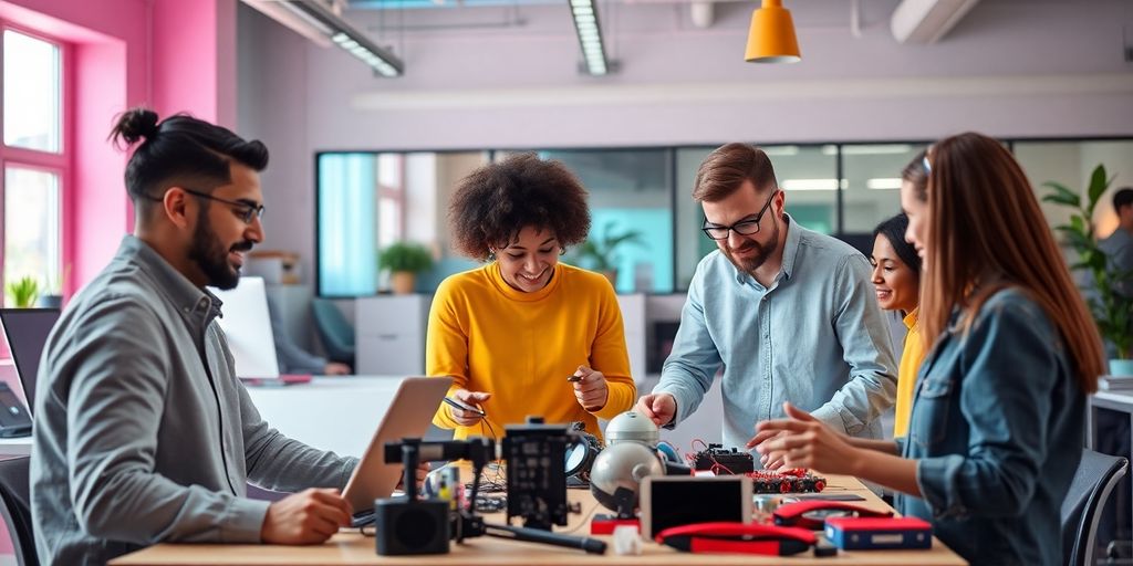 Team collaboration in a modern product-focused workspace.