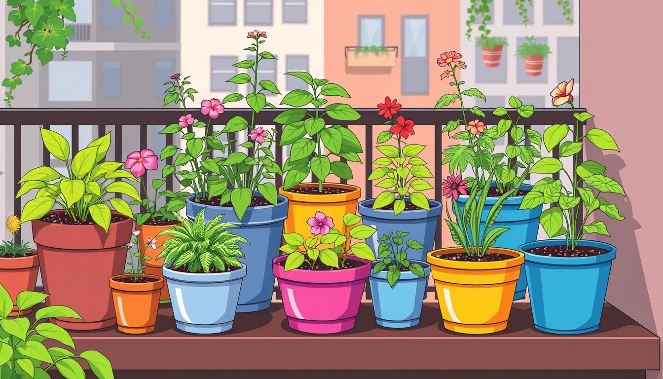 Urban garden with plants in colorful containers on a balcony.