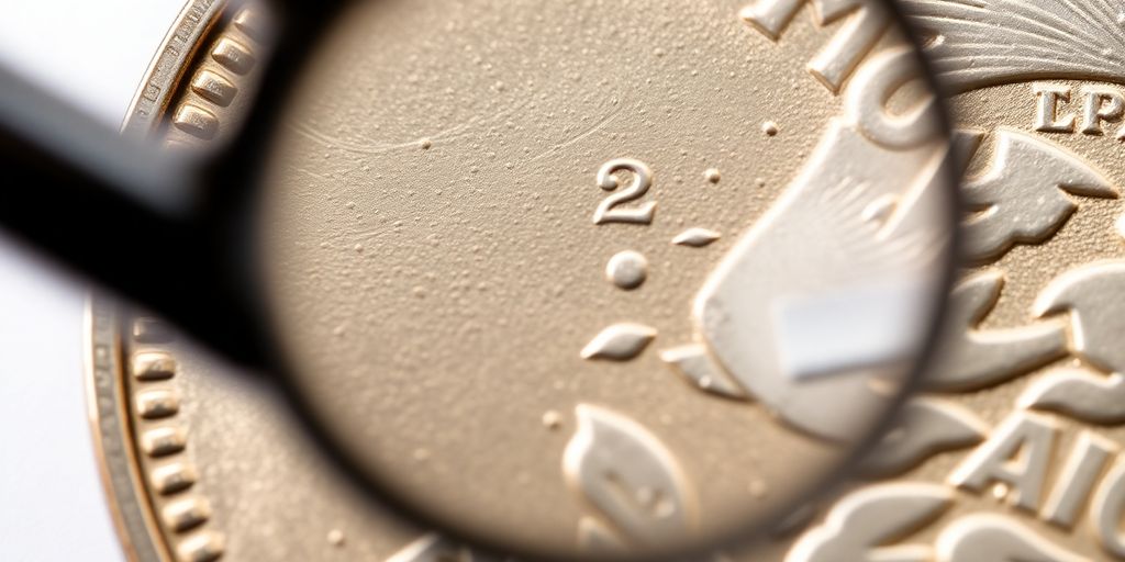 Close-up of a coin magnified by a jeweler's loupe.
