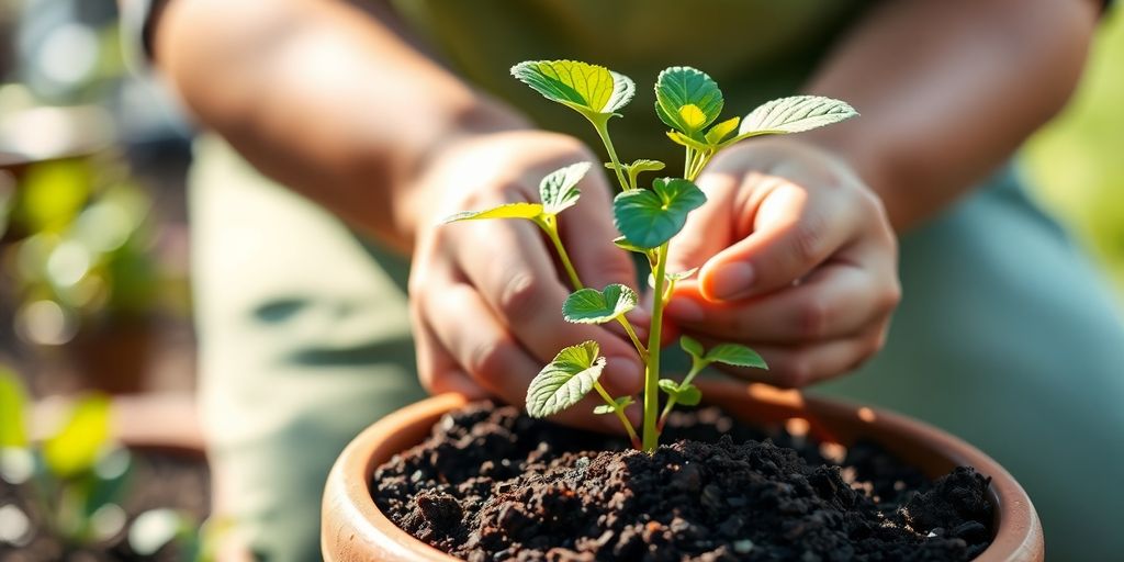A close-up of a gardener tending to a thriving plant.