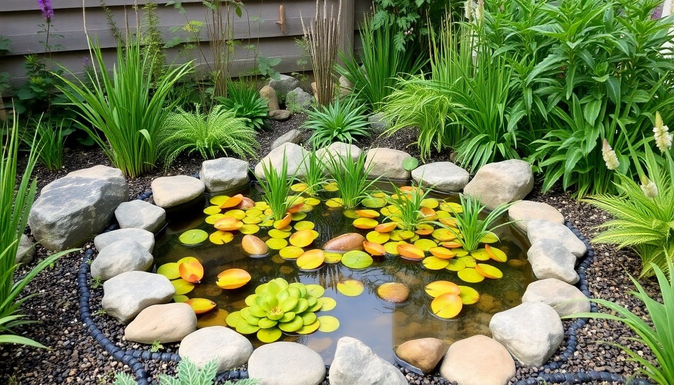A tranquil pond in a lush garden setting.