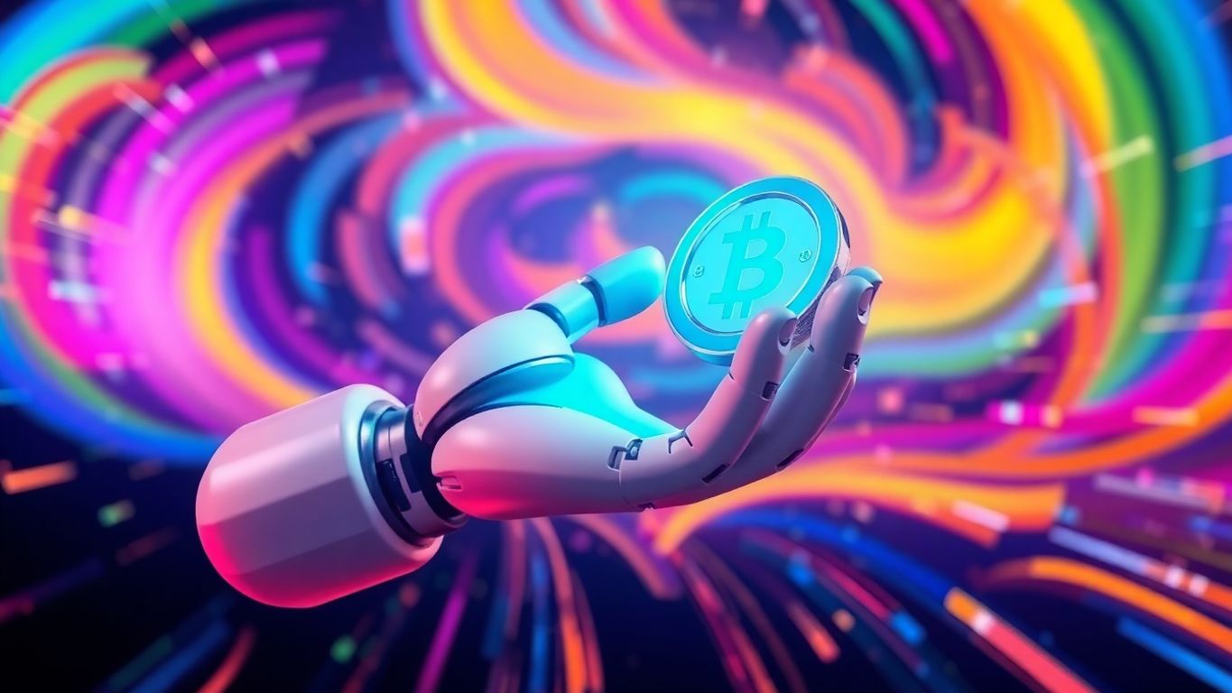 3D illustration of a digital robot hand holding a glowing coin.